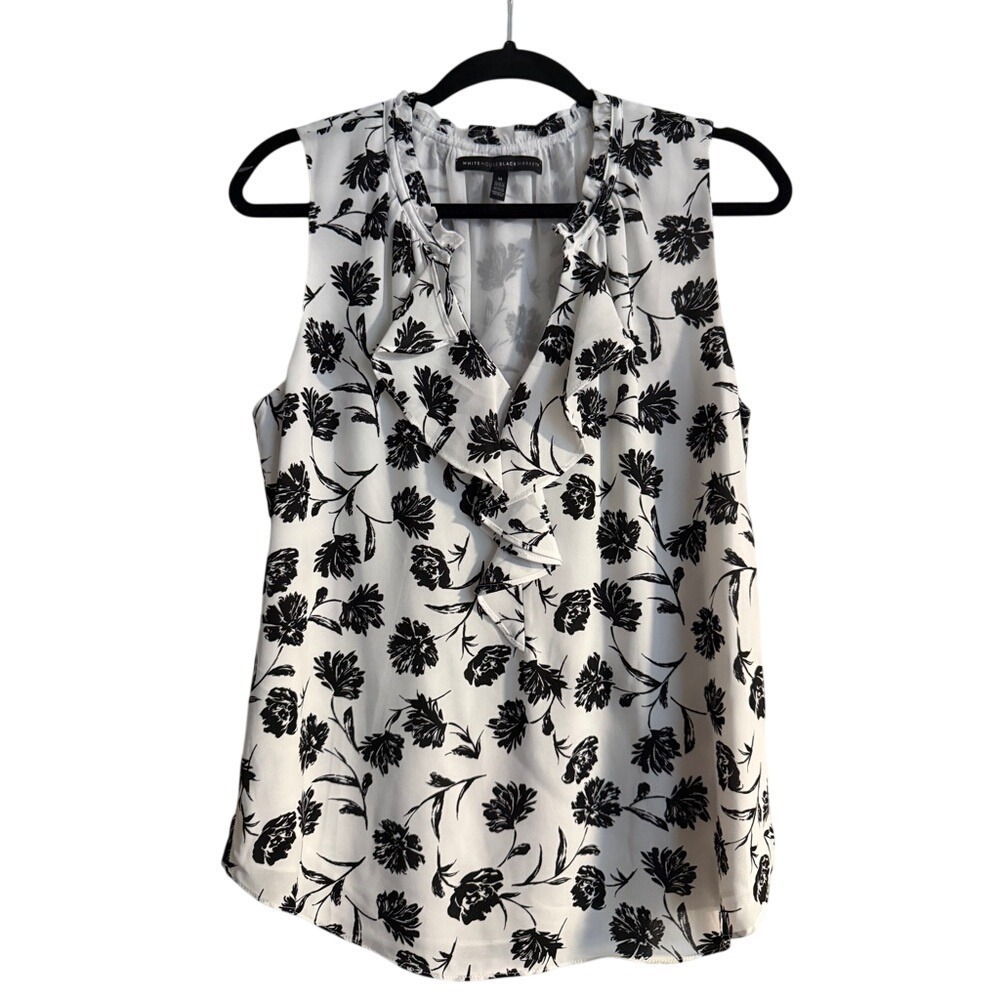 White Black Floral Ruffle V Neck Sleeveless‎ Blouse Women's Top Size Med